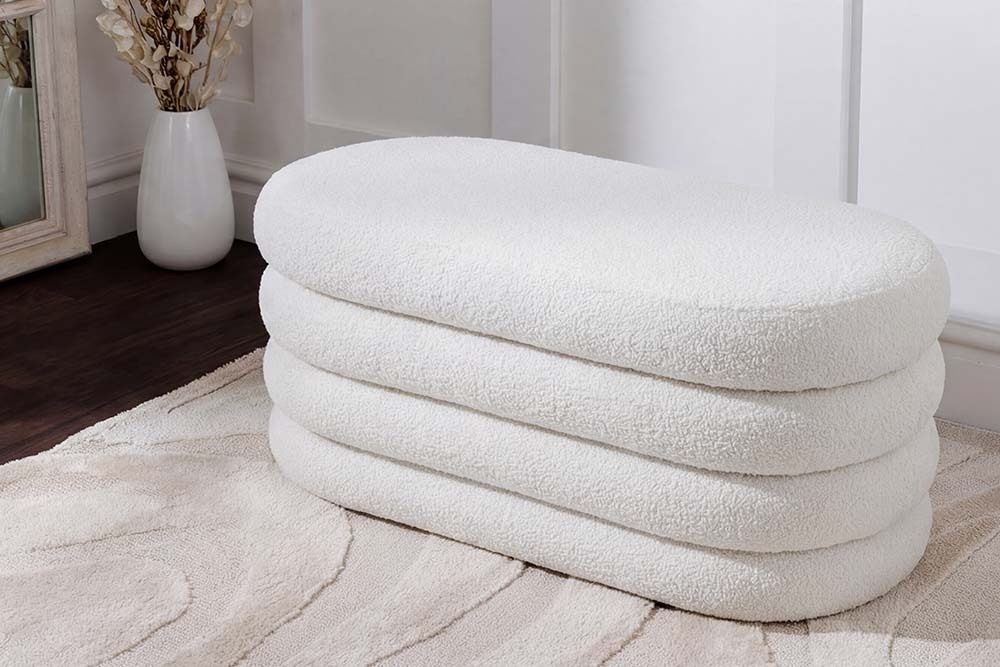 Extravagante Polsterbank VOGUE 85cm weiß Bouclè Sitzbank mit Stauraum