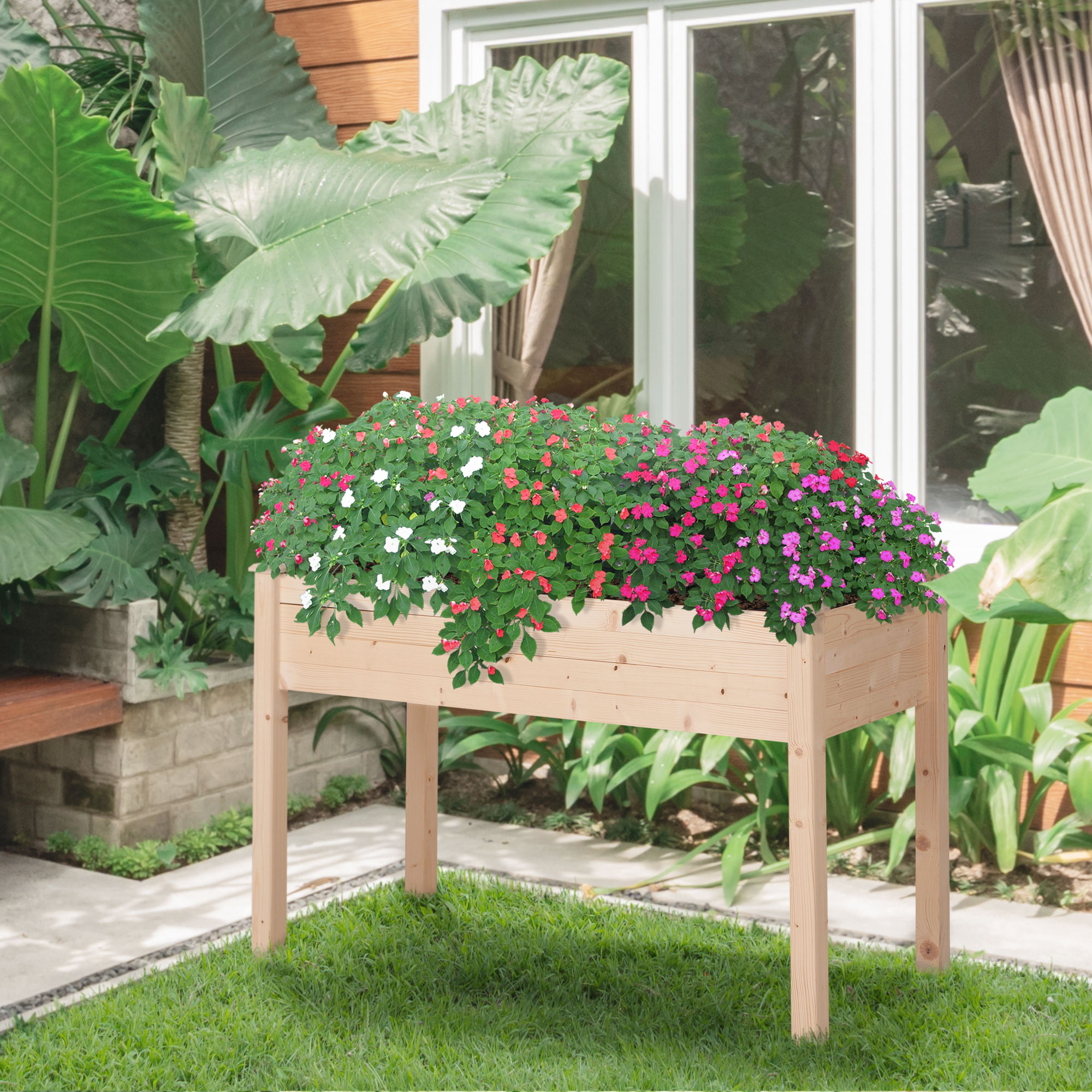 Horta urbana elevada de madeira Outsunny, 122,5 x 56,5 x 76 cm, com mesa de plantio elevada, tecido não tecido e 4 orifícios de drenagem para o cultivo de plantas e flores.