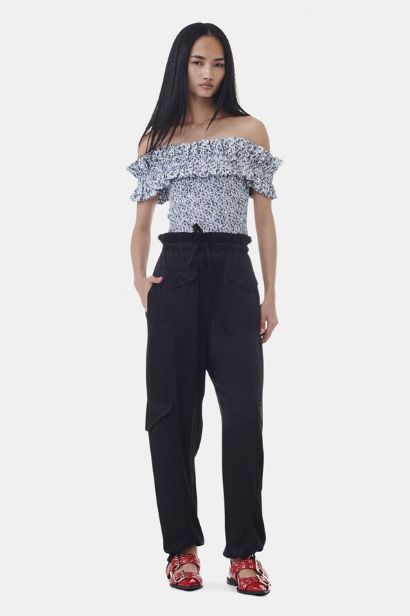 Ganni Printed Cotton Off-shoulder Smock T Glacier lake