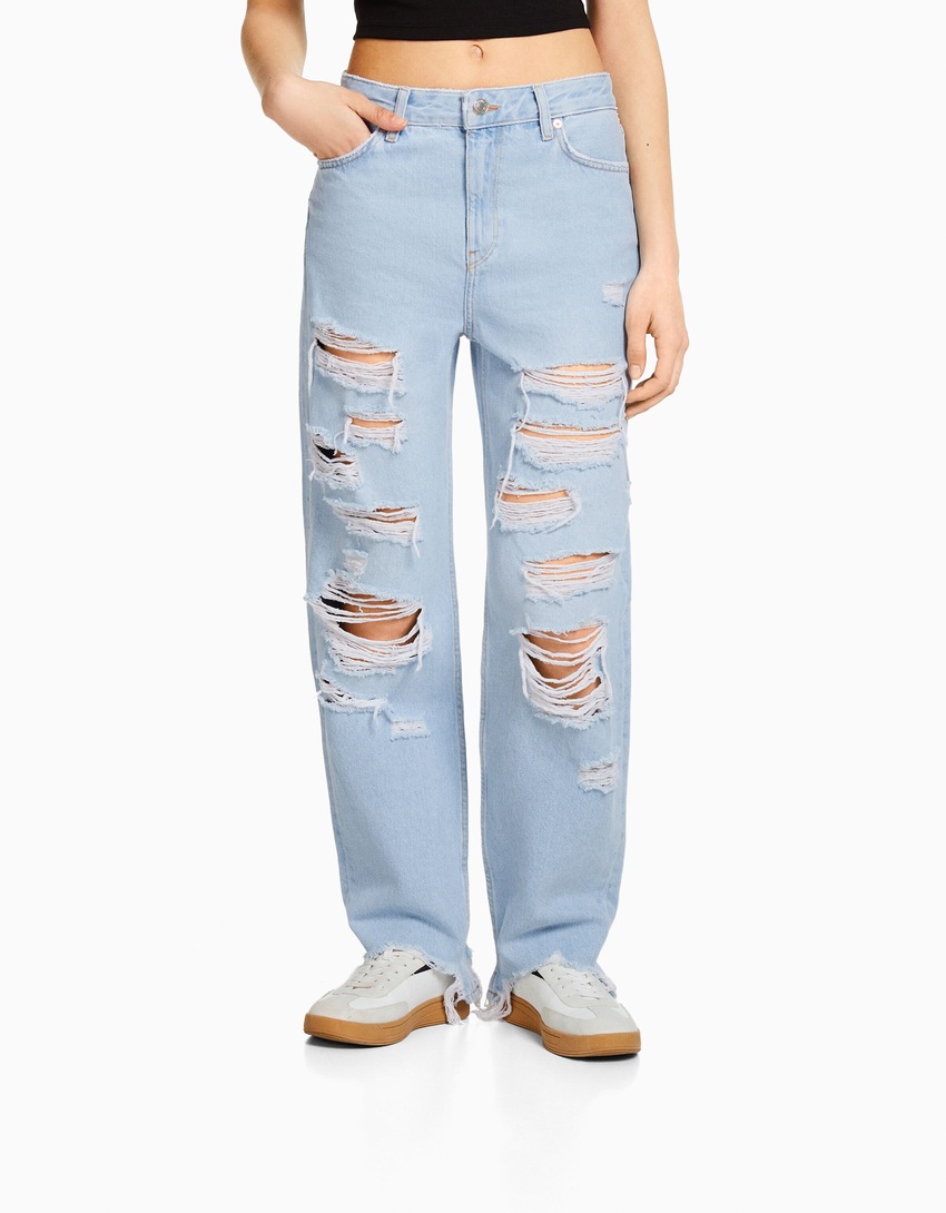Calça jeans cropped reta rasgada