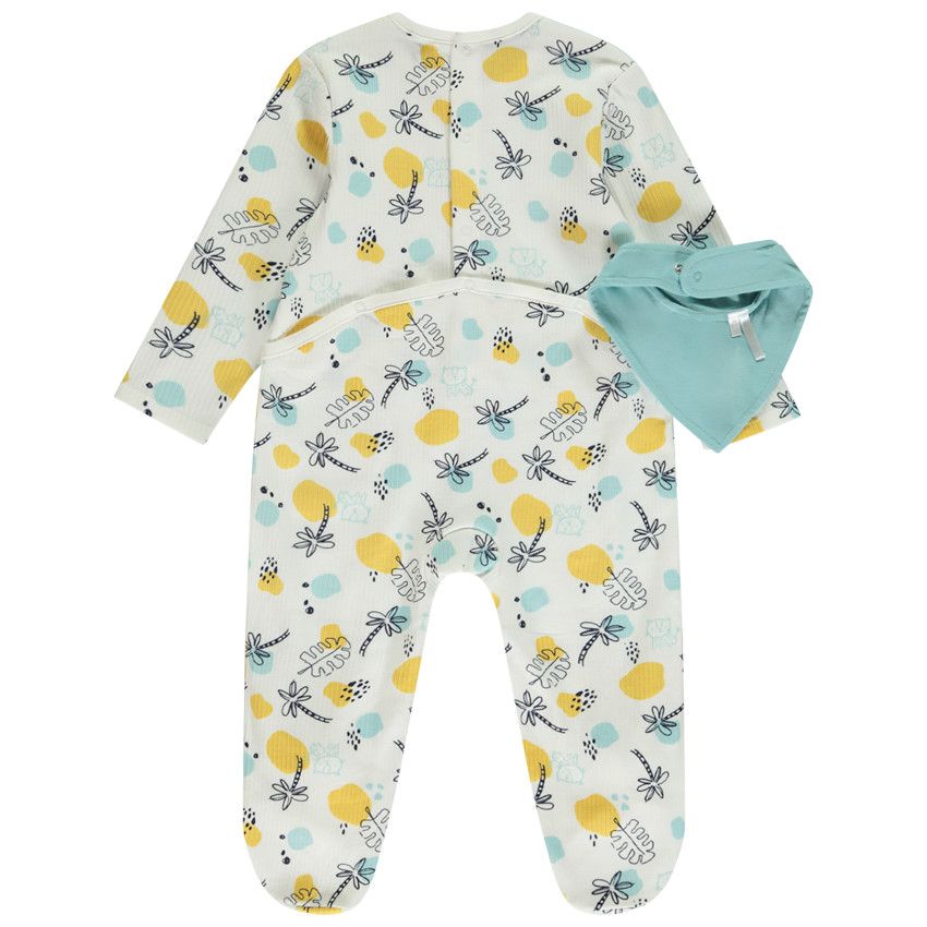 Dors-bien effet côtelé avec imprimé fantaisie + bavoir pour bébé garçon avec ouvertures différentes selon l'âge - Ecru