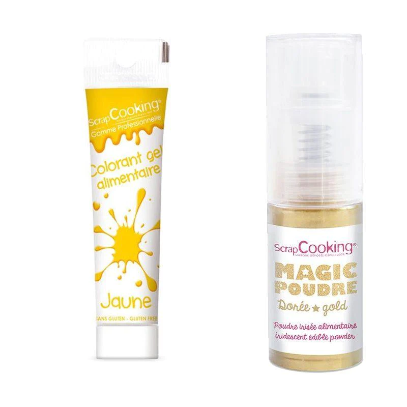 Gel colorant alimentaire jaune + Poudre alimentaire irisée dorée Scrap
