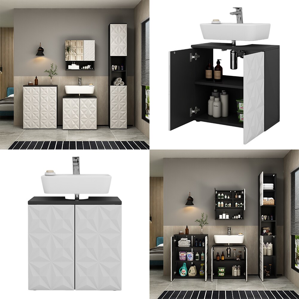 Vicco Waschtischunterschrank Waschbeckenunterschrank Edge Schwarz Weiß modern 60x57 cm Badezimmer Schrank Badschrank Badkommode Badmöbel 2 Türen