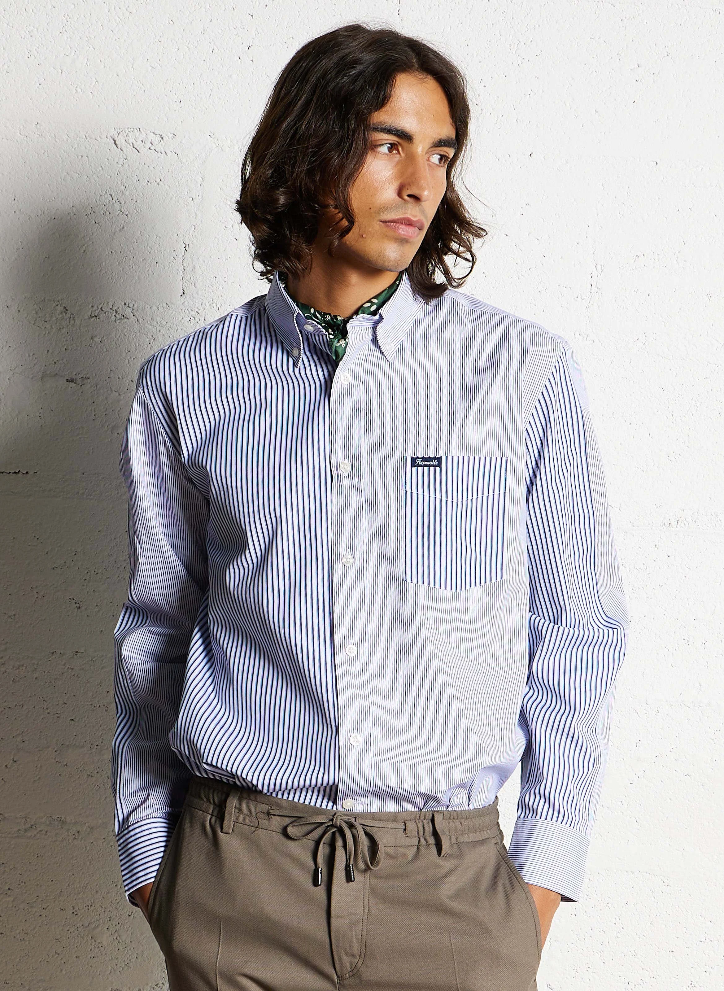Chemise col classique rayée en coton | Bleu