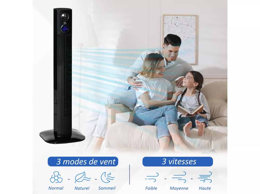 Ventilateur colonne tour oscillant 45 W silencieux télécommande timer aromathérapie 3 modes 3 vitesses noir
