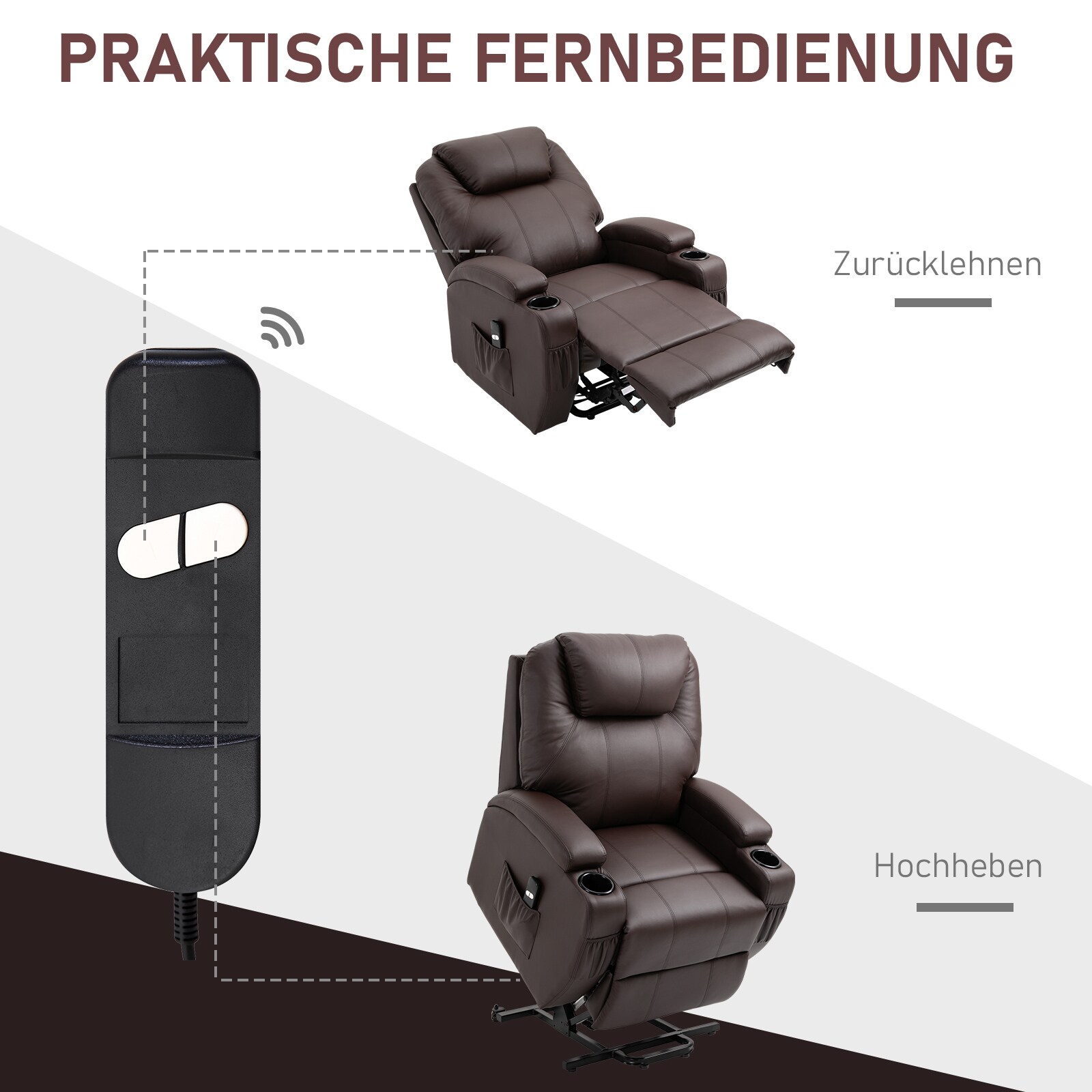 HOMCOM Sessel mit Aufstehhilfe , Trinkbecherhaltern und Seitentaschen braun 84L x 92B x 109H cm