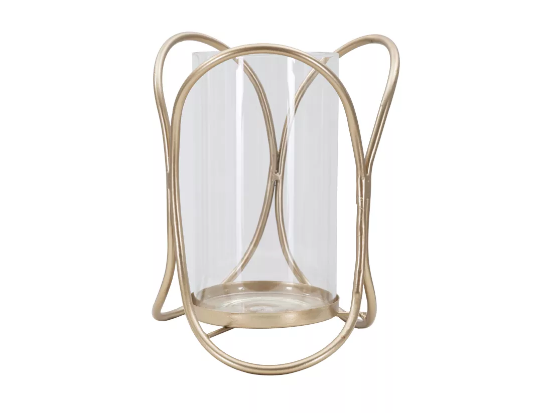 Support de Bougie en Métal Doré avec Coupelle en Verre - Porte-bougie Glox Dark Ø 16x21,5 cm, Design Géométrique Élégant avec Lignes Douces