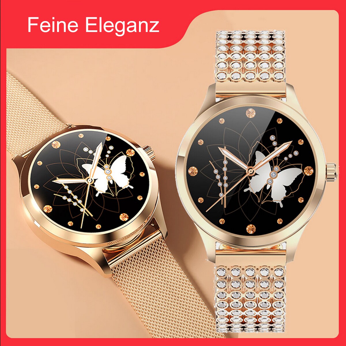 TPFNet Damen Smart Watch / Fitness Tracker IP68 - Milanaise Armband - Android & IOS - Gold