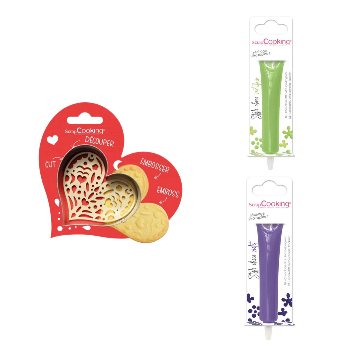 Kit pour biscuit en relief Coeur + 2 Stylos au chocolat vert clair et