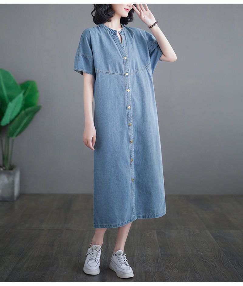 INEN - Maxi-jurk met korte mouwen en V-hals van gewassen denim