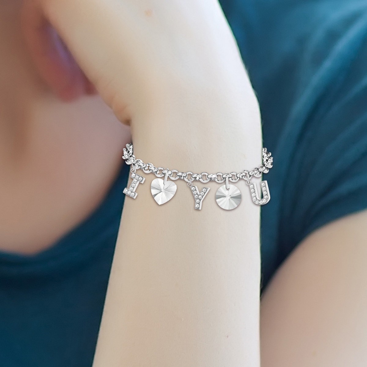I LOVE YOU - Bracelet I love you orné de Cristaux scintillants SC Crystal en Acier Rhodié argenté