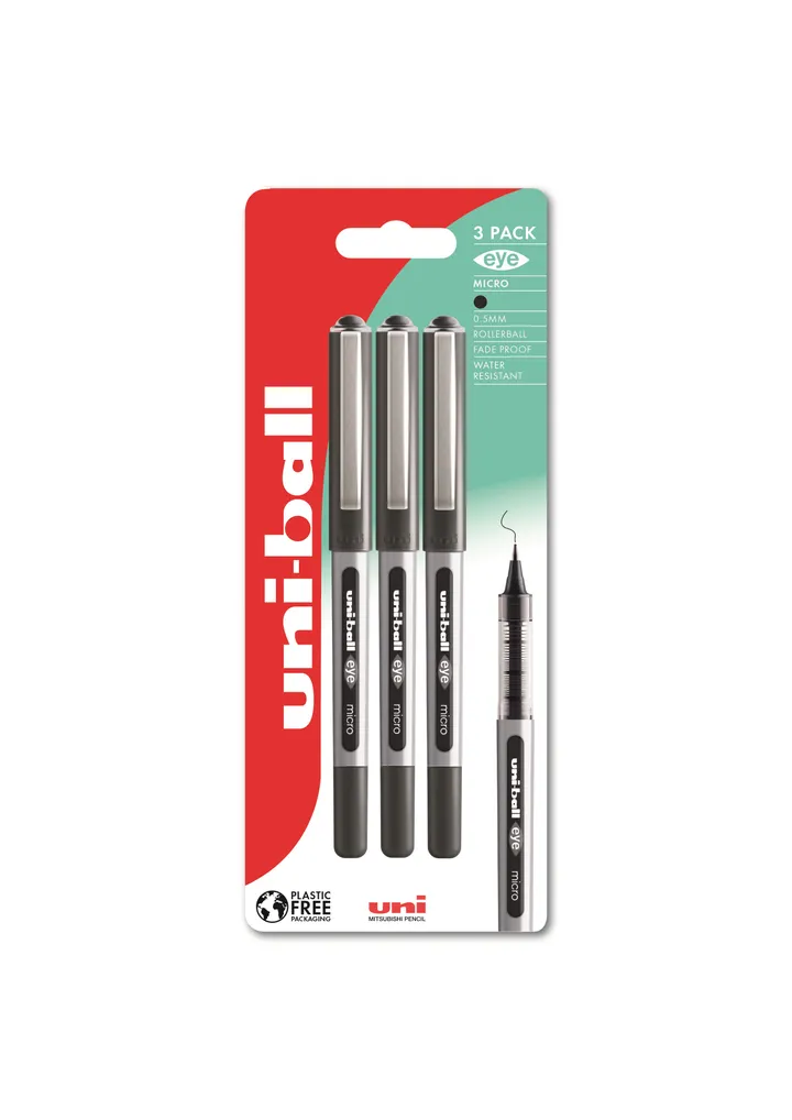 Rollerpen Uni-ball Eye 150 micro sort - stregbredde 0,2mm - med 3 stk.