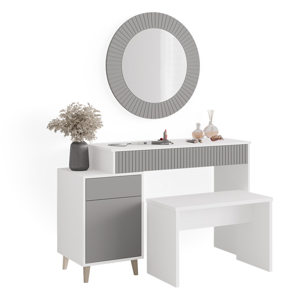 Vicco Schminktisch Frisiertisch Kosmetiktisch Arles Weiß Hellgrau Schminkspiegel Bank 120x77 cm Skandi Schlafzimmerkommode Schminkkommode Schublade Ablage Aufbewahrung Frisierkommode Make-Up-Tisch