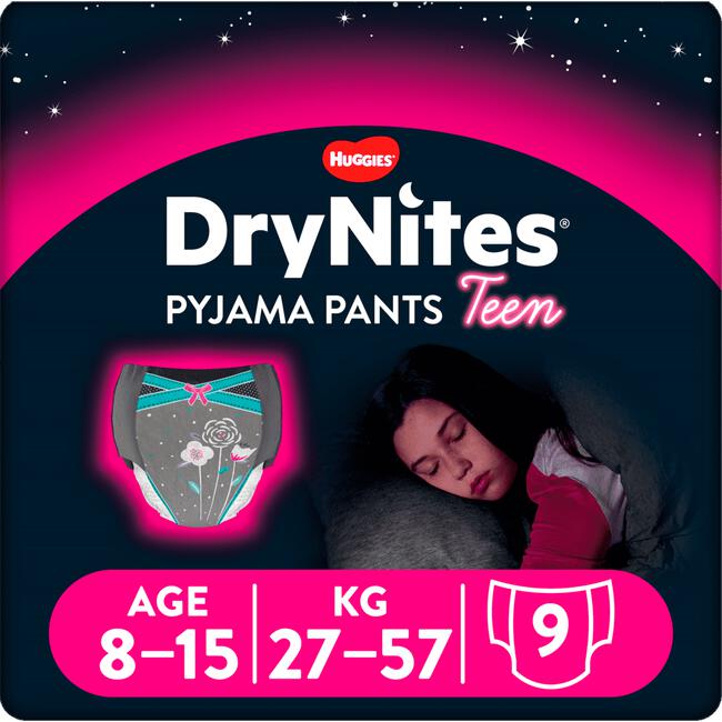 DryNites Vrolijke Luierbroekjes Meisjes 8 Tot 15 Jaar (27 - 57 kg) 9 stuks