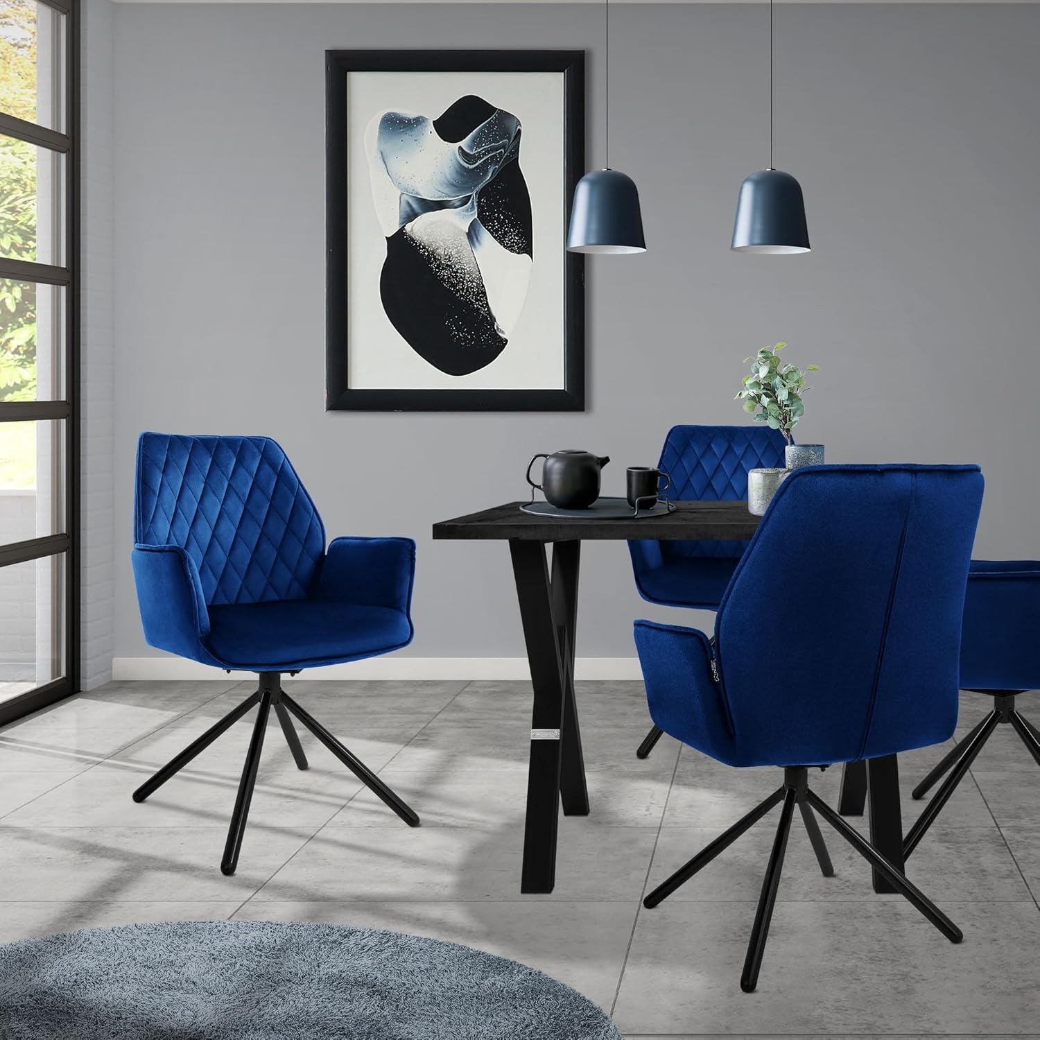 ML-Design Esszimmerstühle 2er Set Samt Dunkelblau, Wohnzimmerstuhl mit Arm- und Rückenlehne, Drehstuhl Auto-Position, Polsterstuhl mit Metallbeine, Ergonomische Sessel Küchenstuhl drehbar Loungesessel