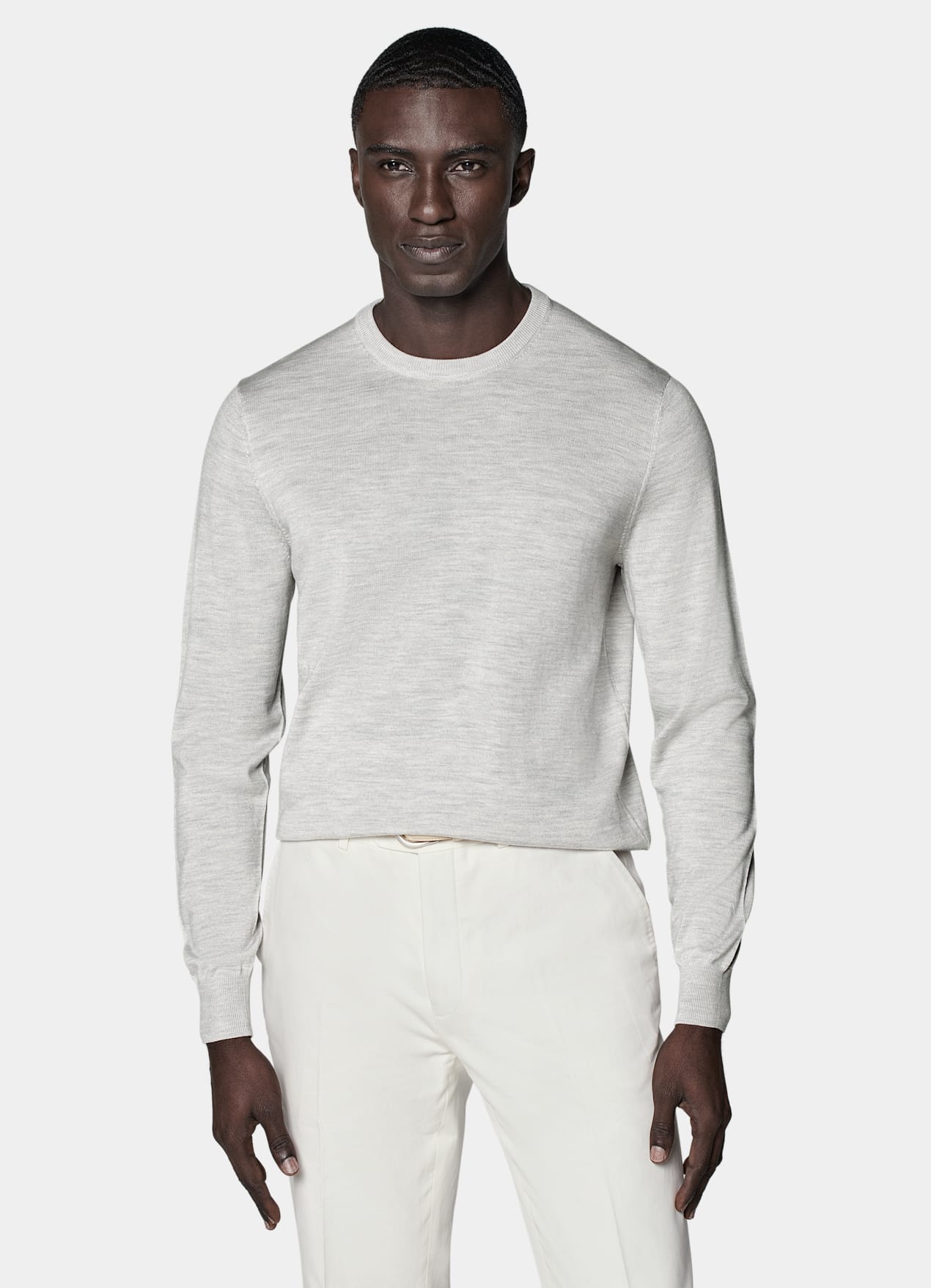 Pull col rond Merino gris clair