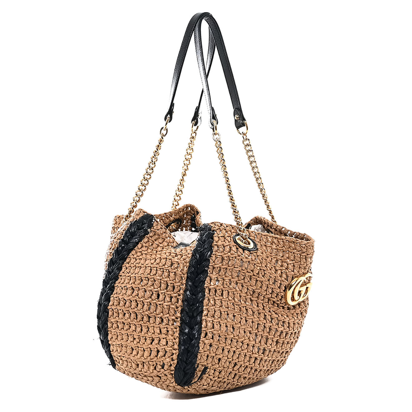 Gucci Sac porté épaule Marmont en Raphia tressé marron - Très bon état - L.27 cm