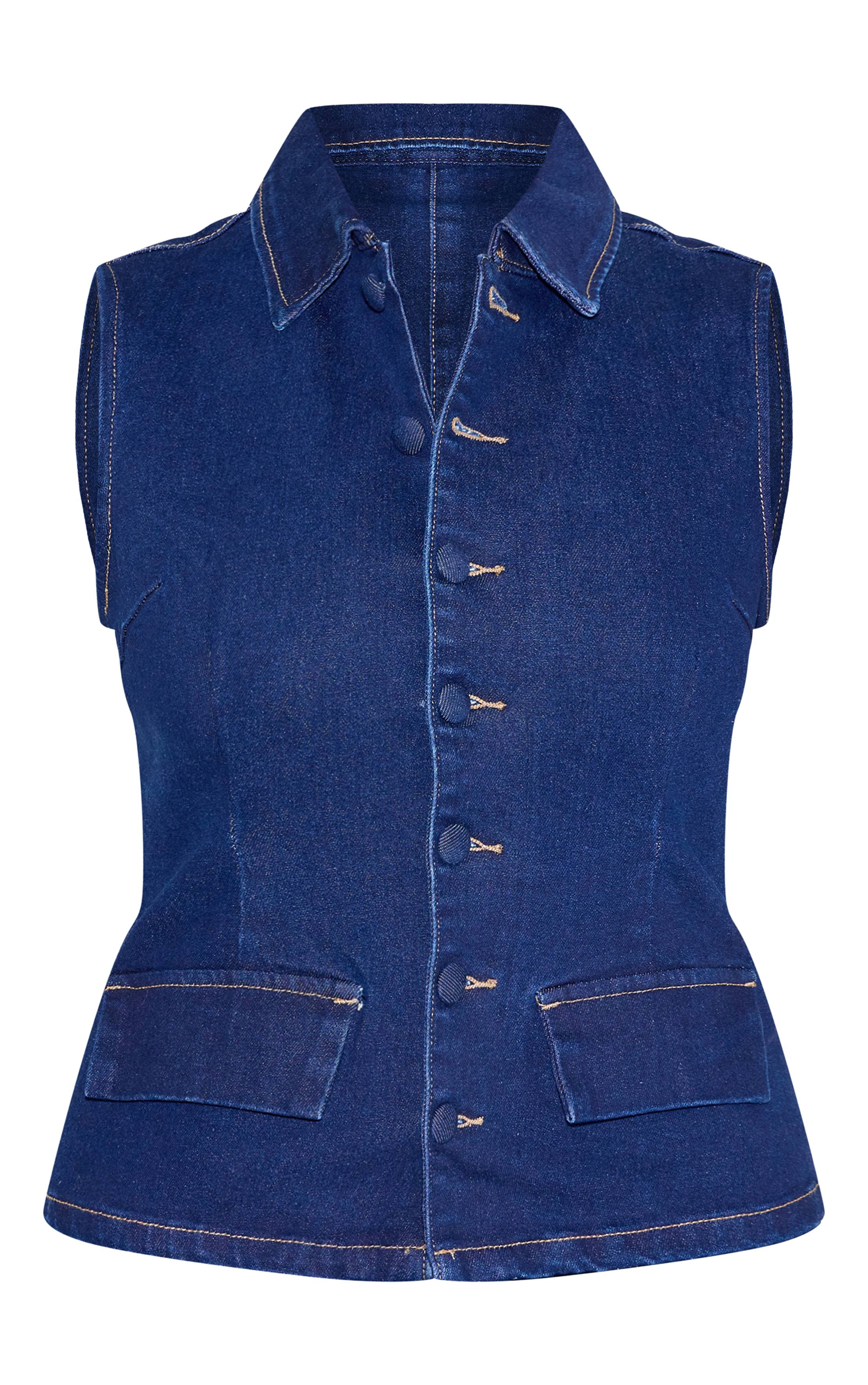Bleu Indigo Top Long En Denim Stretch Shape Avec Boutonnière