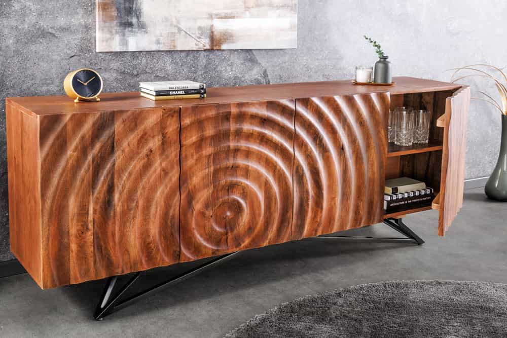 Design Sideboard ZEN 180cm braun Mangoholz mit 3D Schnitzereien Metallgestell schwarz handmade