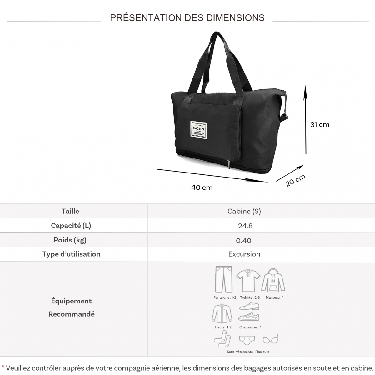 Cactus Sac de voyage week-end 24L pliable et extensible déperlant Cactus sans roulettes