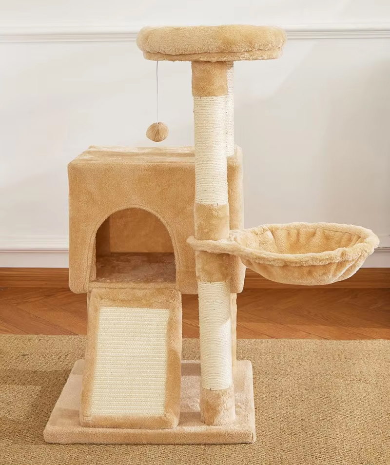 (89cm) Katzen Baum Sisal Kratzsäulen mit Häuschen / Hängematte / Aussichts Plattform / Spiel Ball - Braun