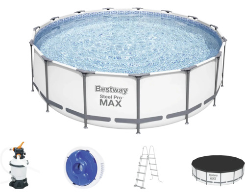 Opzetzwembadframe zwembadset Bestway Steel Pro MAX™ rond Ø 457x122 cm incl. zandfiltersysteem, ladder & afdekking lichtgrijs