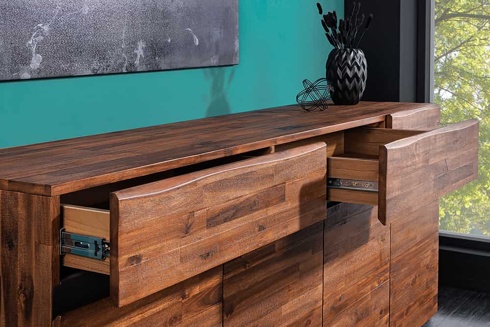 Massives Sideboard GENESIS 170cm braun geflammt Akazienholz Metall Industrial Design