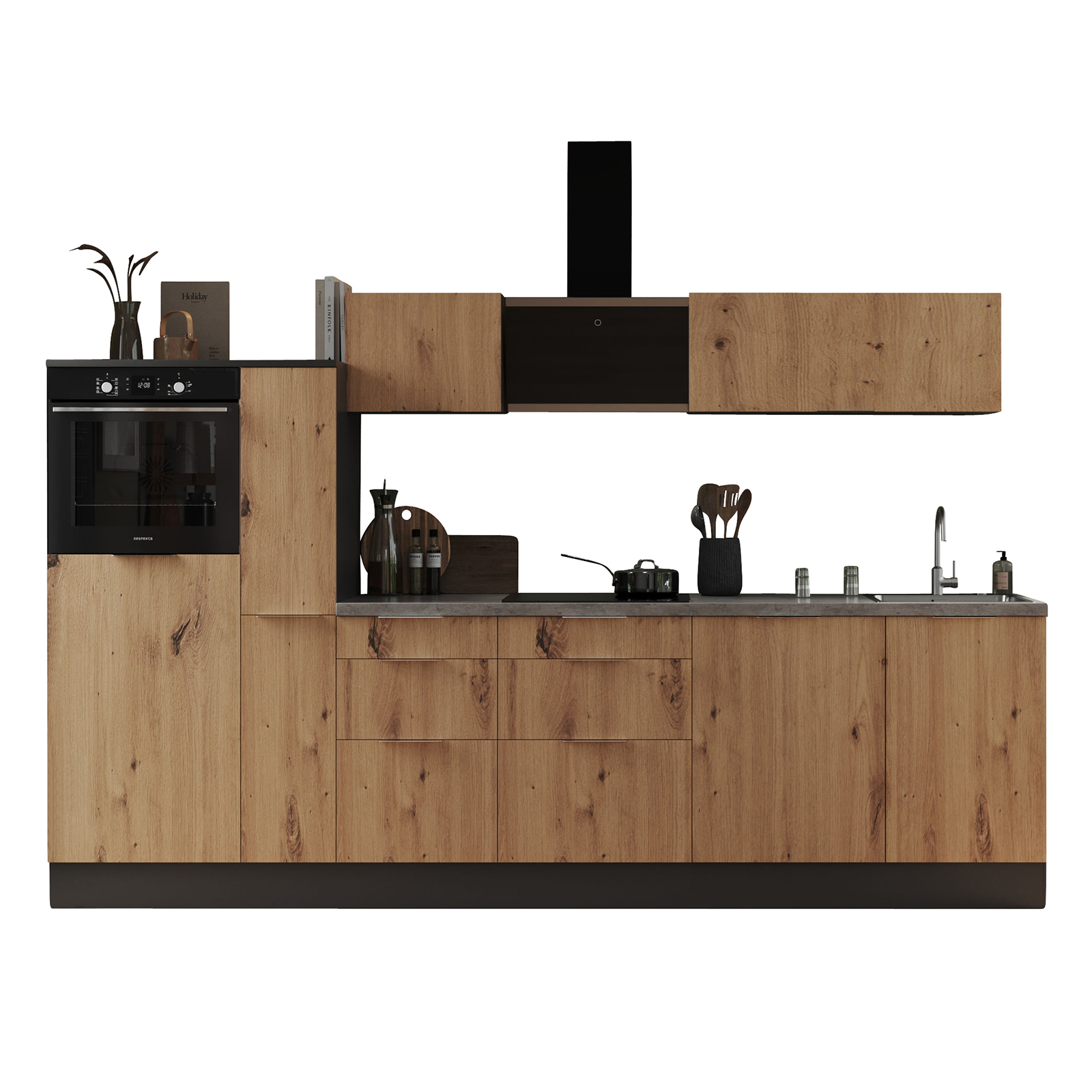 RESPEKTA Küchenblock - Artisan Eiche - grau matt - mit E-Geräten - 310 cm