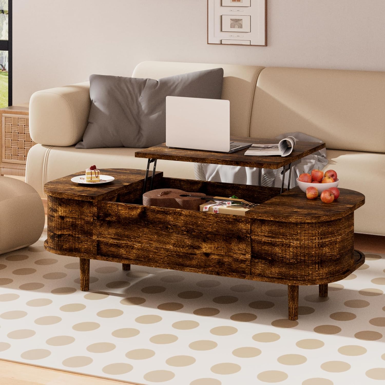 Couchtisch mit Hebeplatte – Moderner Holztisch mit Einzigartiger Textur & Verstecktem Stauraum, Kaffeetisch für Wohnzimmer, Schlafzimmer, Kleine Räume, Home Office