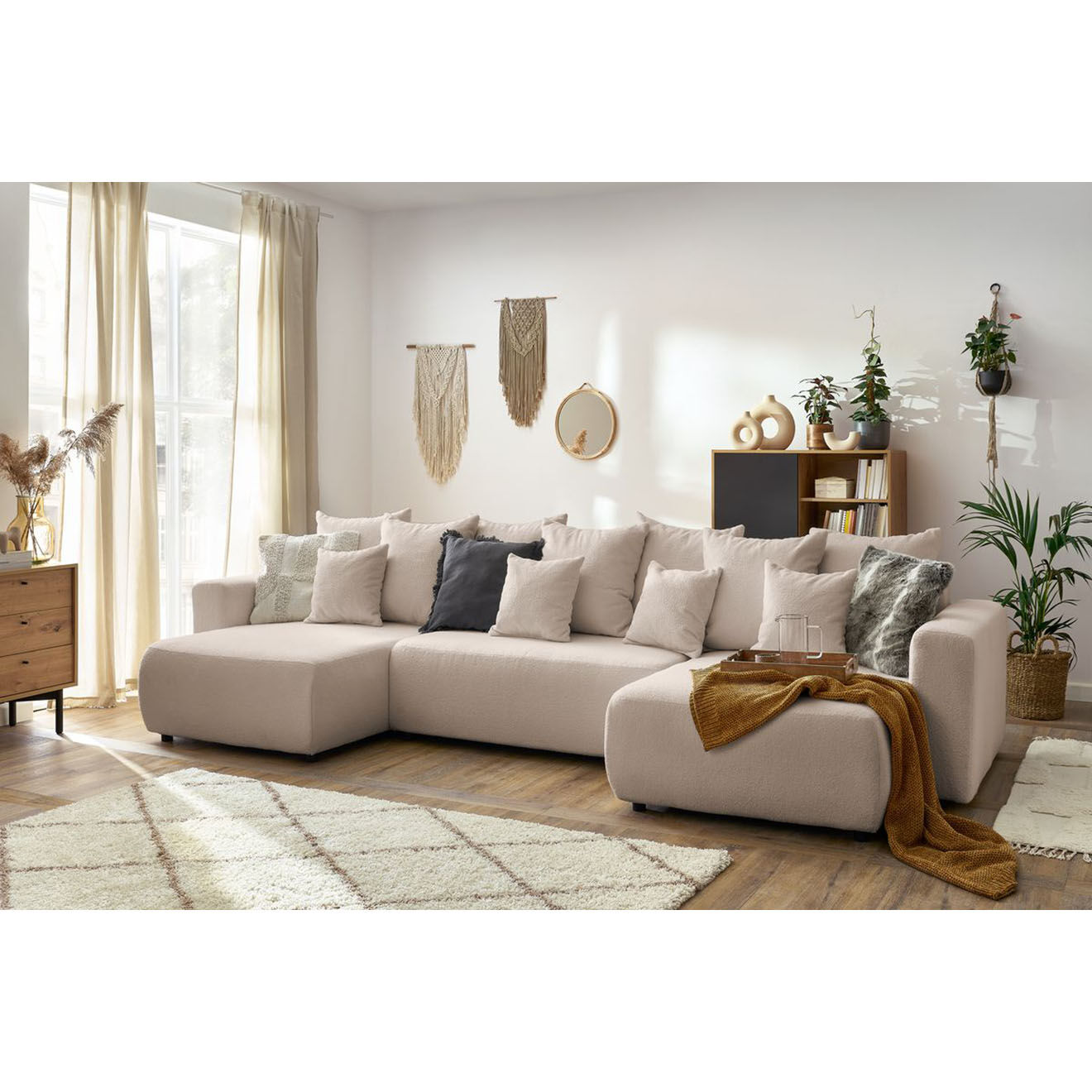 Bobochic Canapé panoramique convertible coffre bouclette envy beige - 386x153x95 cm
