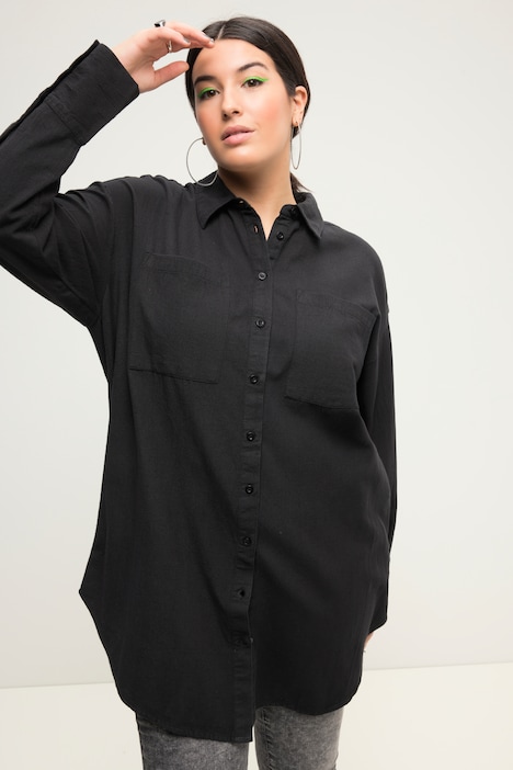 Hemdbluse, oversized, Leinenmix, Hemdkragen, Langarm