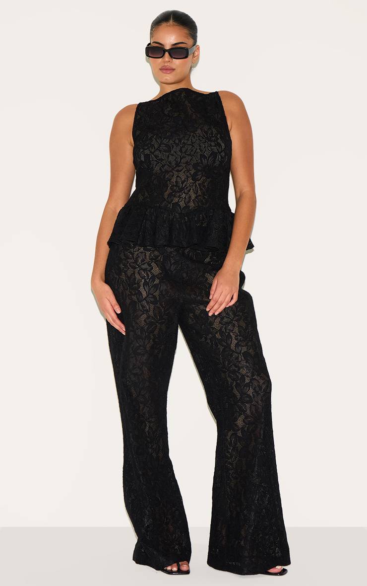 Noir Ensemble Coordonné Pantalon Grande Taille En Dentelle Transparente À Jambes Évasées