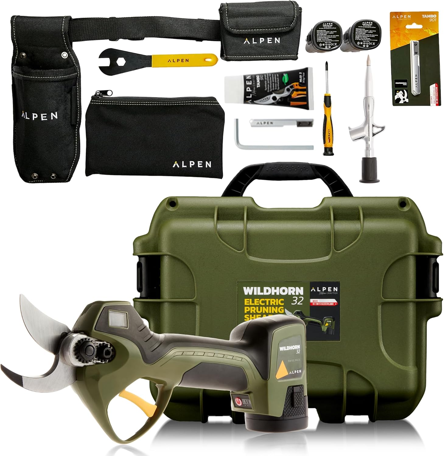 Alpen Swiss Tools Wildhorn 32 Akku-Astschere - elektrische Gartenschere Ø 32 mm, FELCO HSS-Klinge, LCD-Display, 3 Akkus, Profi-Set mit Zubehörkoffer, Schweizer Qualität für präzise Schnitte