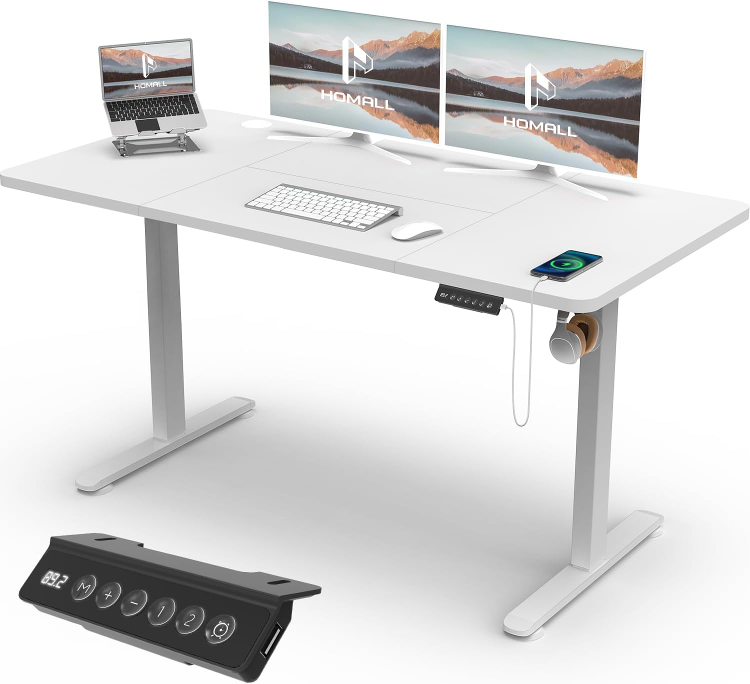 Homall Höhenverstellbarer Schreibtisch mit USB-Buchse 140x60 cm, Computer Stehschreibtisch, Ergonomischer Homeoffice-Tisch (140x60cm, Weiß)