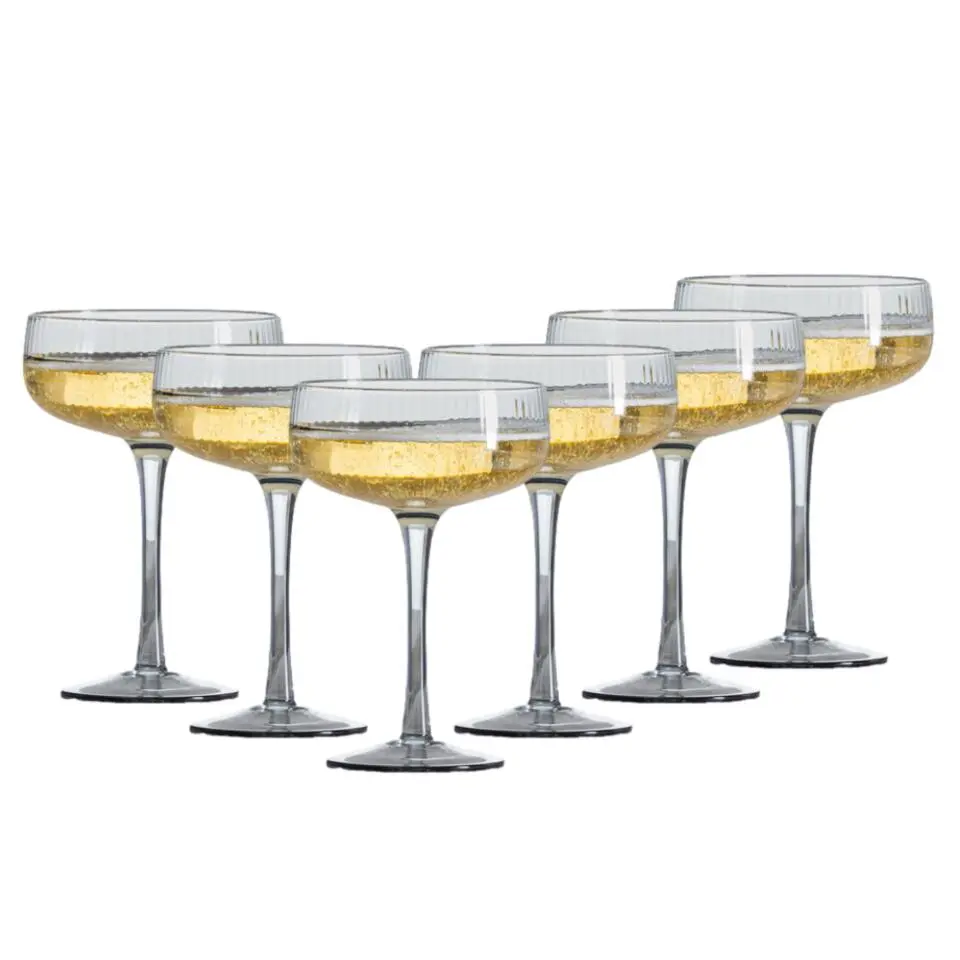 OTIX Champagnecoupe Glazen 6 Stuks Reliëf Ribbel Smoke Glas Grijs