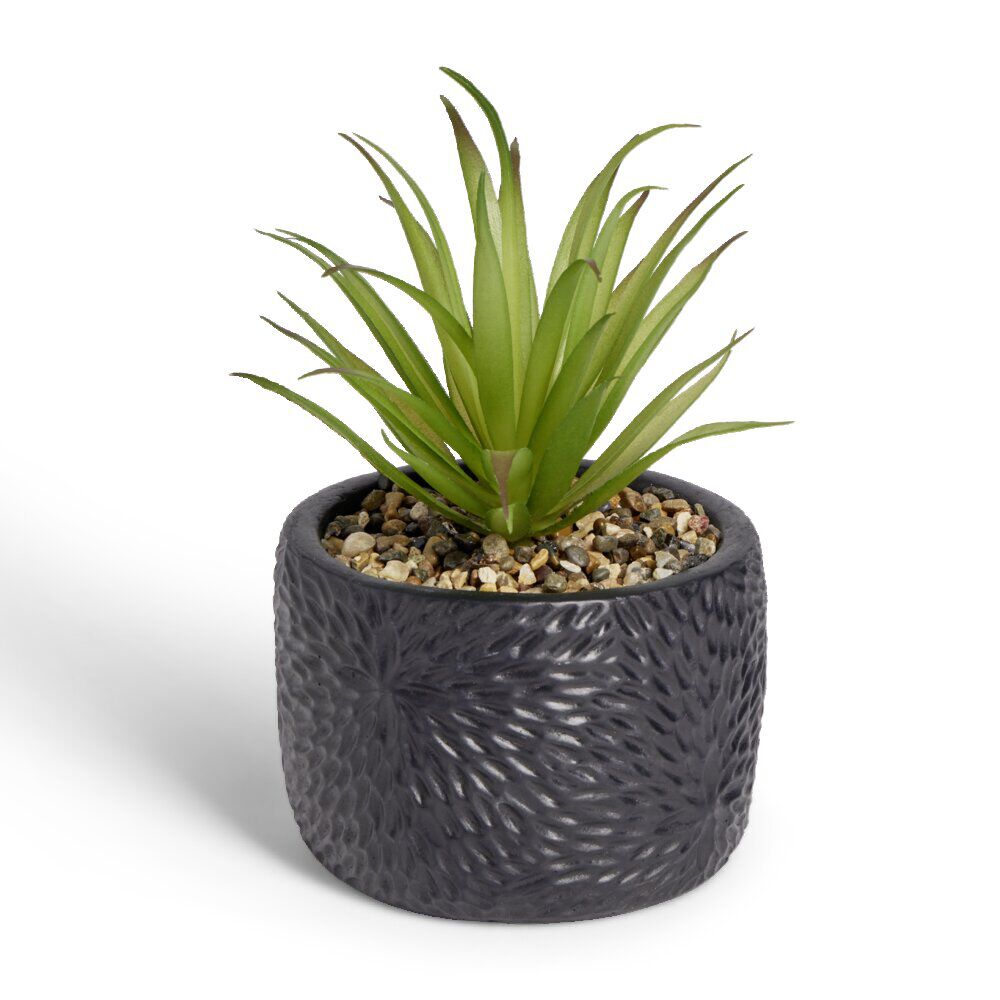 Plante artificielle verte pot ciment relief noir Ø10xH17cm