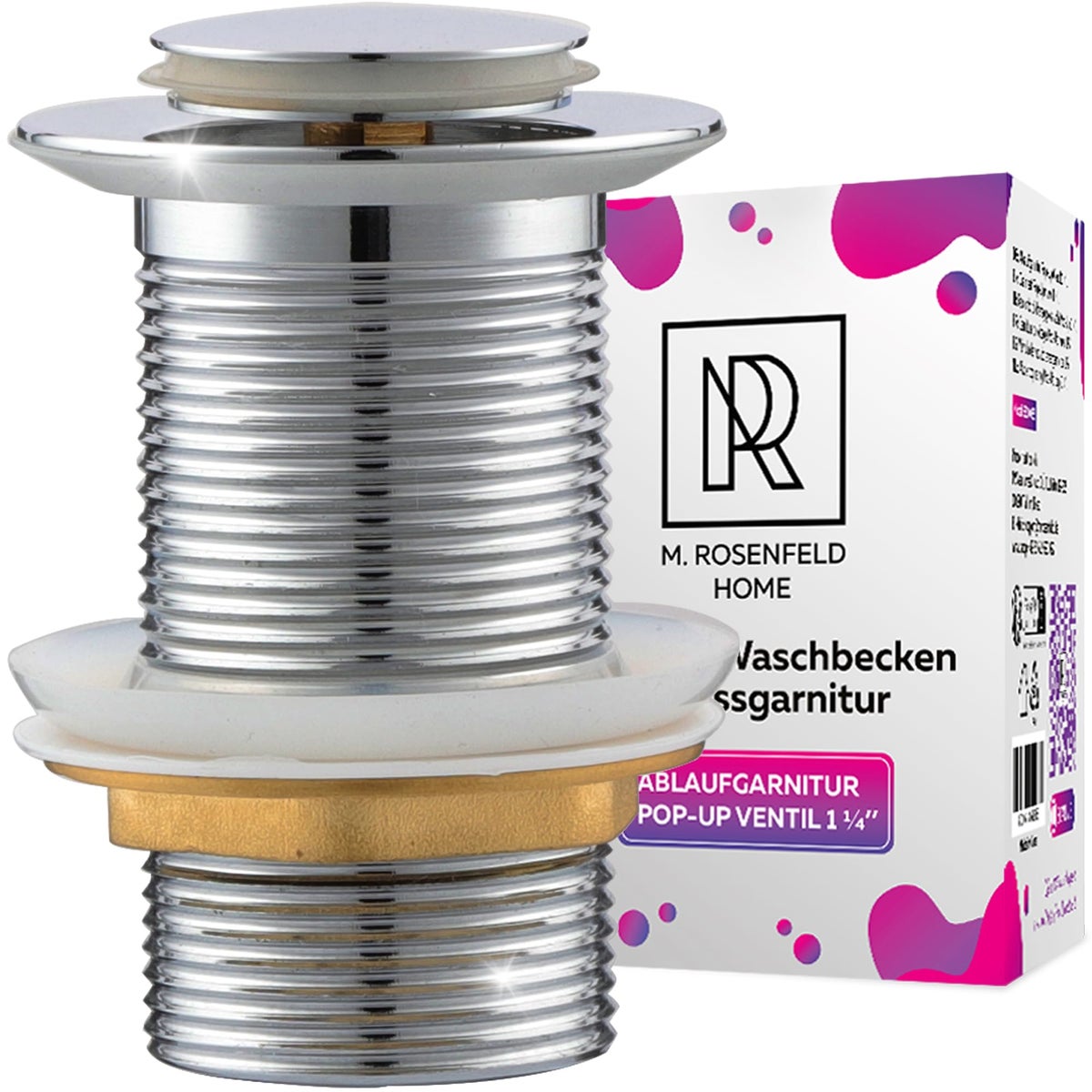 M. ROSENFELD HOME Gootsteenafvoerfitting ZONDER Overloop met Knop - Chromen Pop-Up Afvoerklep 1 1/4 inch Gemaakt van Roestvrij Staal en Messing voor Wastafel - Pop-Up Gootsteenafvoerfitting