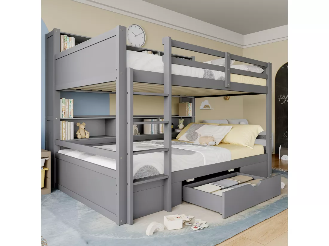 Lit superposé pour enfant 2x90x200cm - avec un tiroir et compartiments - Gris