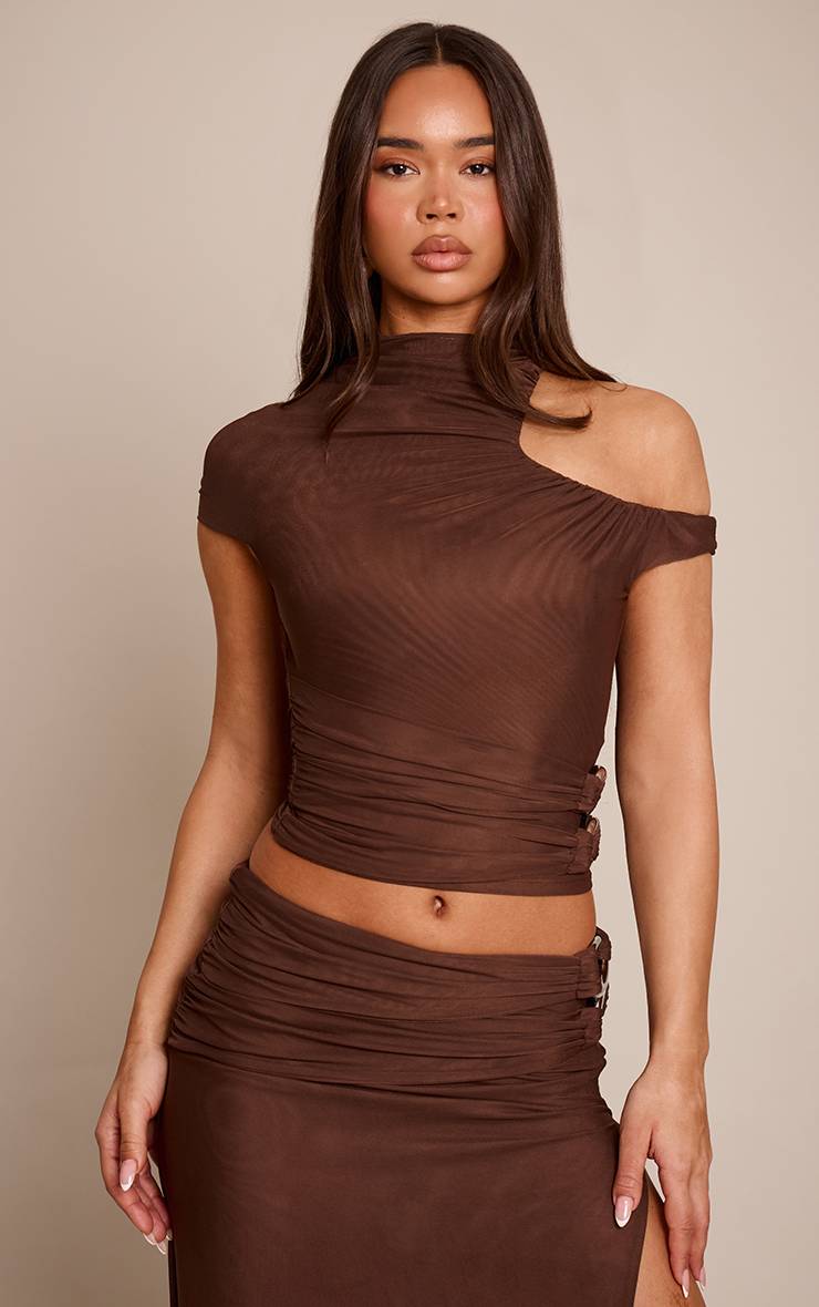 Chocolat Top En Maille Double Couche Avec Détails Froncés Et Bordures