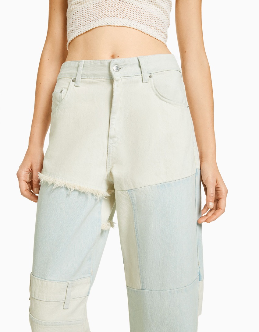 calças jeans largas com patchwork