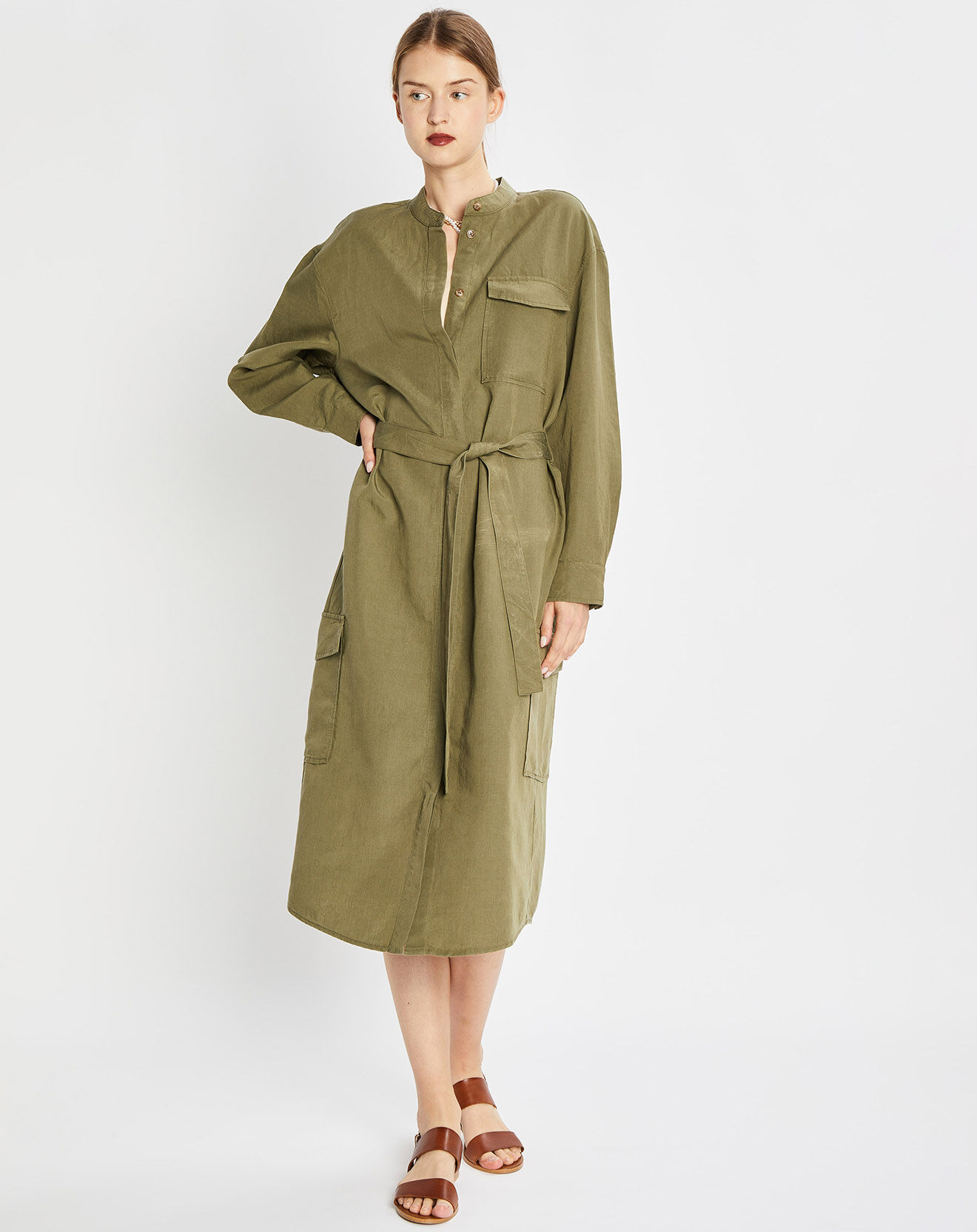 Marc O'Polo Robe Chemise en Lin mélangé Col Mao Tencel kaki