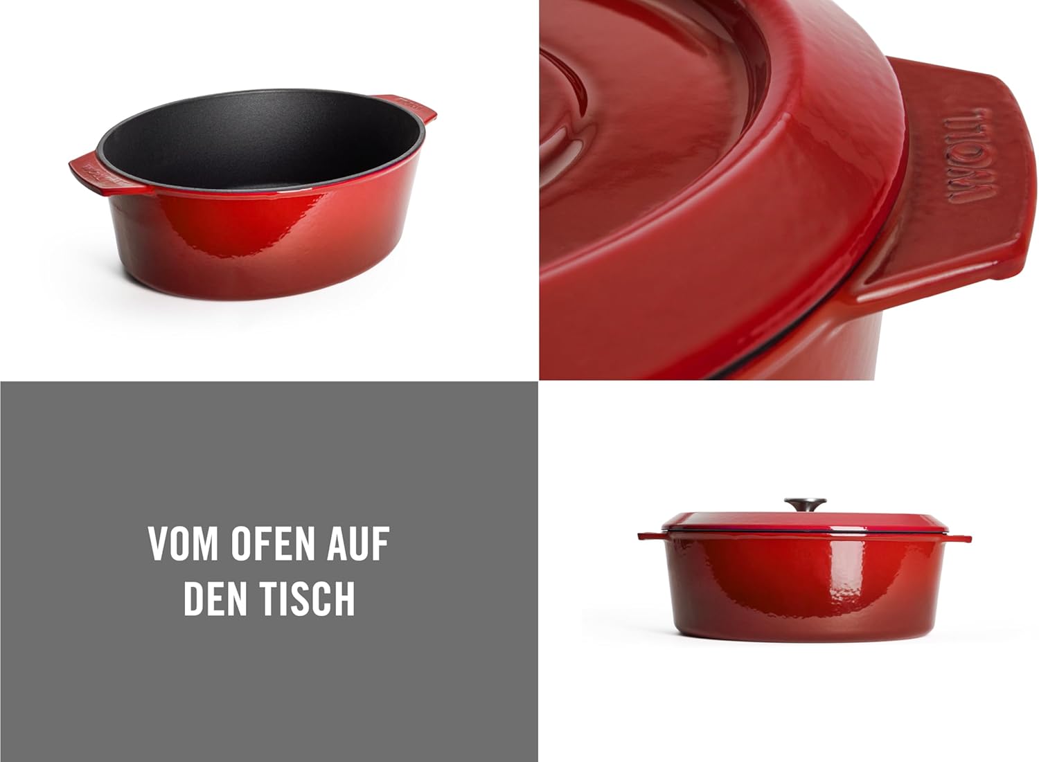 Woll Iron Gusseisen Bräter mit Deckel und Silikongriffen - Induktiv -, 34 x 26 cm, 12,5 cm hoch, 7,5l - Geeignet für alle Herdarten, Eisenguss, backofenfest bis zu 250°, rot