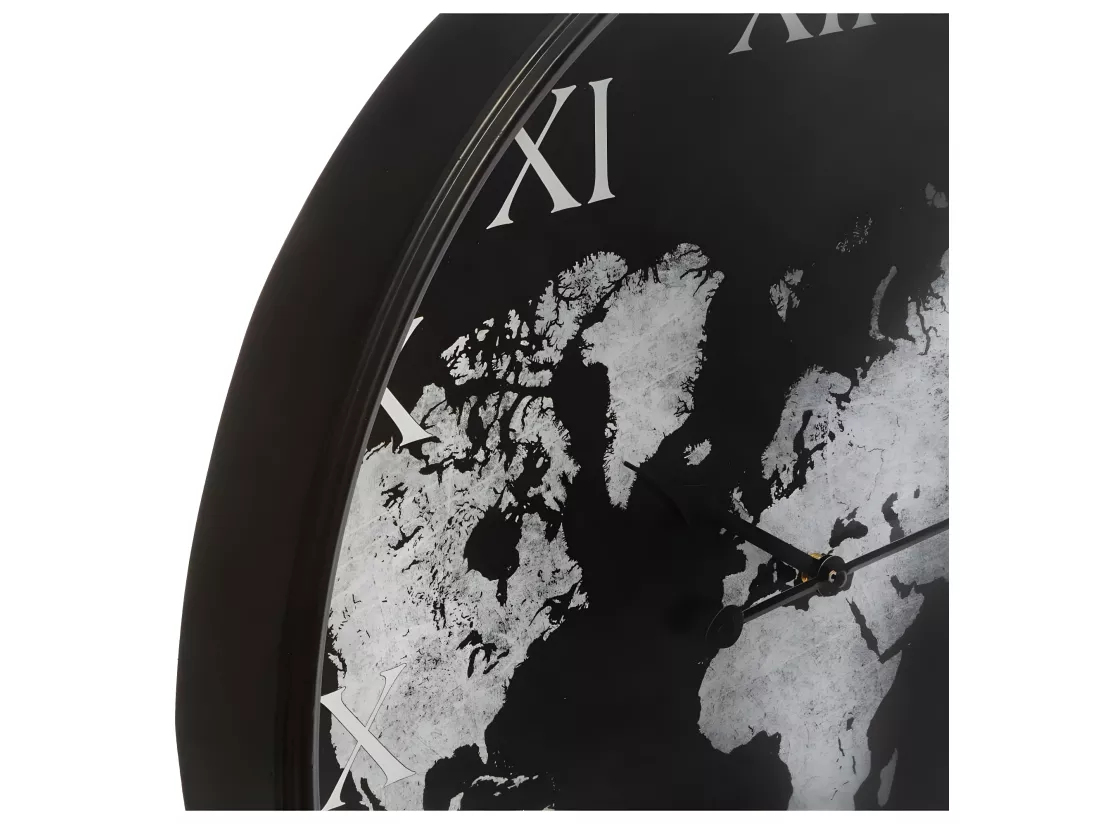 Pendule murale silencieuse Monde en Métal Noir et Blanc D 57 cm
