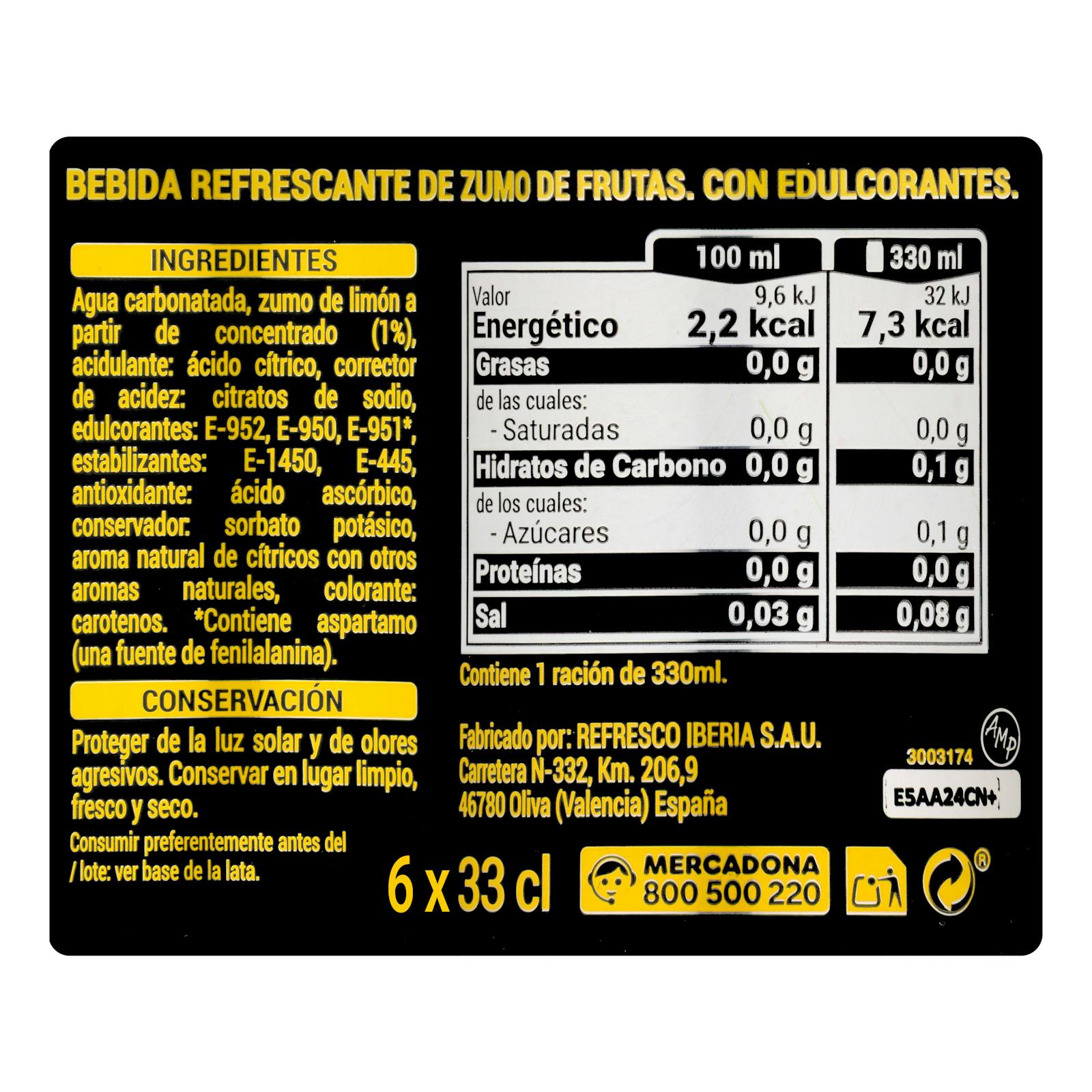 Soda au citron pétillant frais sans sucre Hacendado