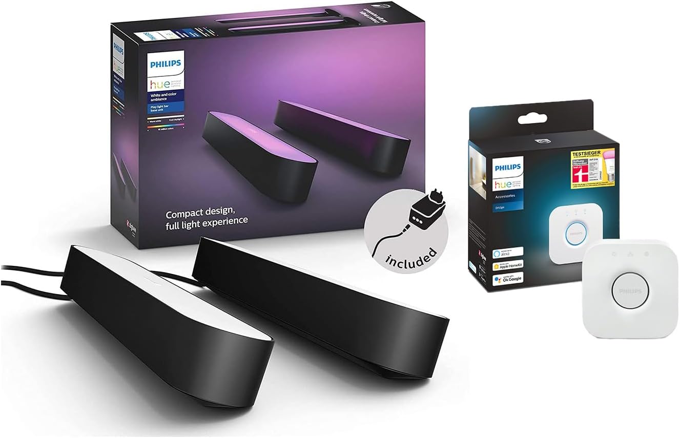 Philips Hue White & Color Ambiance Play Lightbar 2er Pack (500 lm) und Hue Bridge, dimmbare LED-Lightbar für das Hue Lichtsystem mit 16 Mio. Farben, smarte Lichtsteuerung über Sprache oder App,schwarz