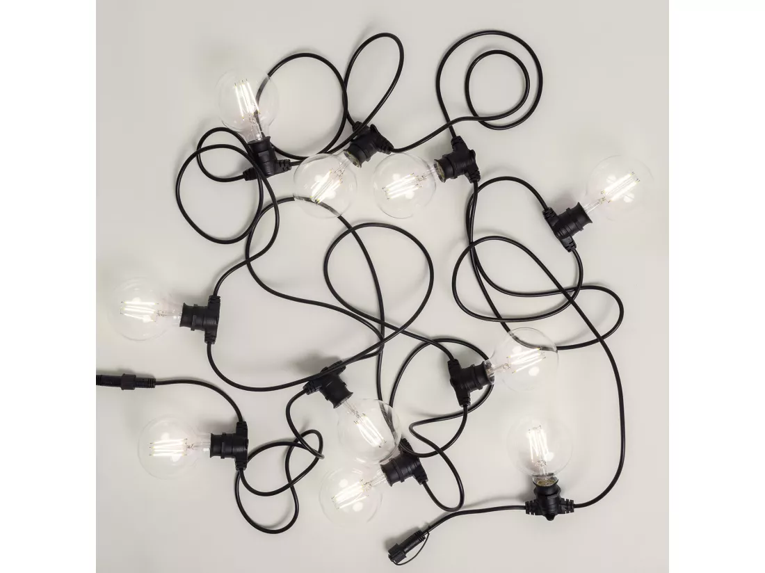 Kit Guirlande Lumineuse Extérieure IP44 10m Noir + 10 Ampoules LED Filament B22 6W G95 3000K Blanc chaud