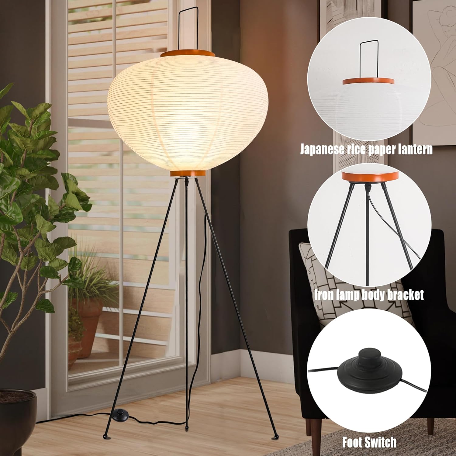 LED Stehlampe Wohnzimmer Papierlampe,Standlampe mit Handgemachtem Lampenschirm Papier Japanische Deko,120CM Stehlampen Papier für Schlafzimmer,Esszimmer mit Fußschalter,E27 Ecklampe Japanische Lampe