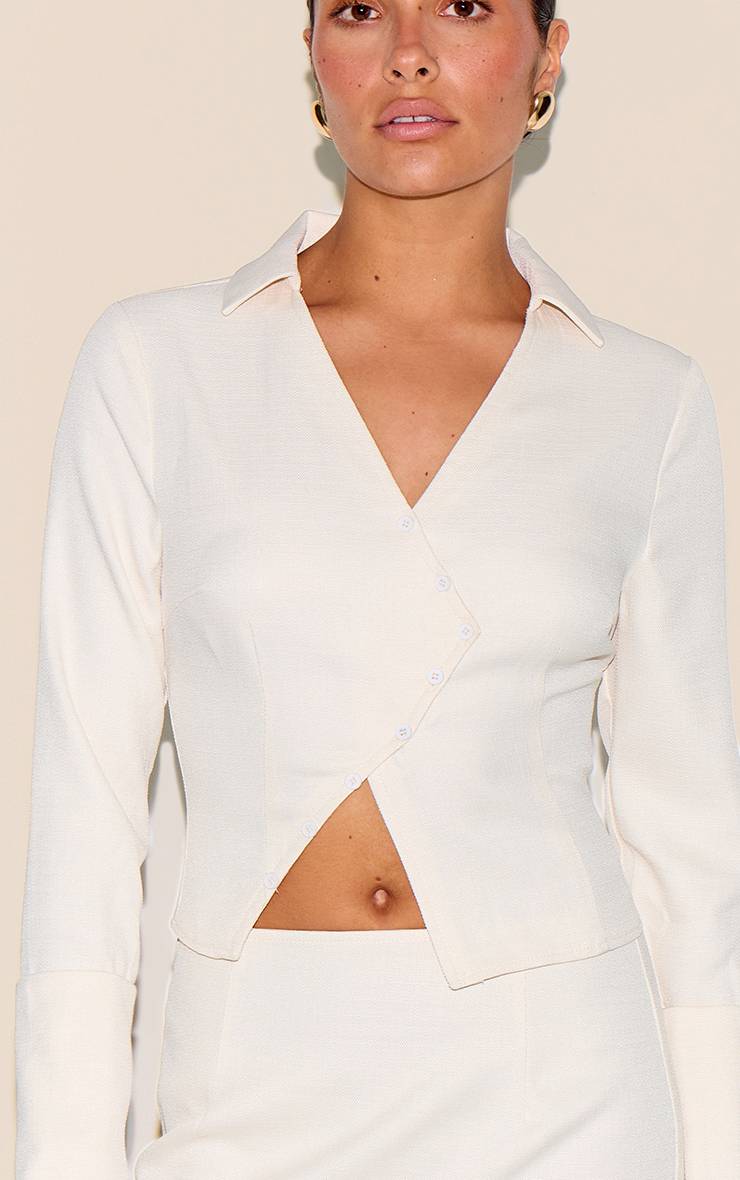 Crème Chemise Asymétrique Boutonnée Texturée Tissée Petite