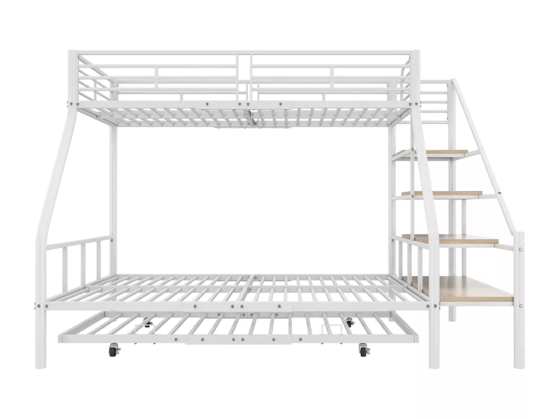Lit superposé 90x200cm & 140x200cm - avec lit gigogne 90x190cm - cadre en fer - Blanc