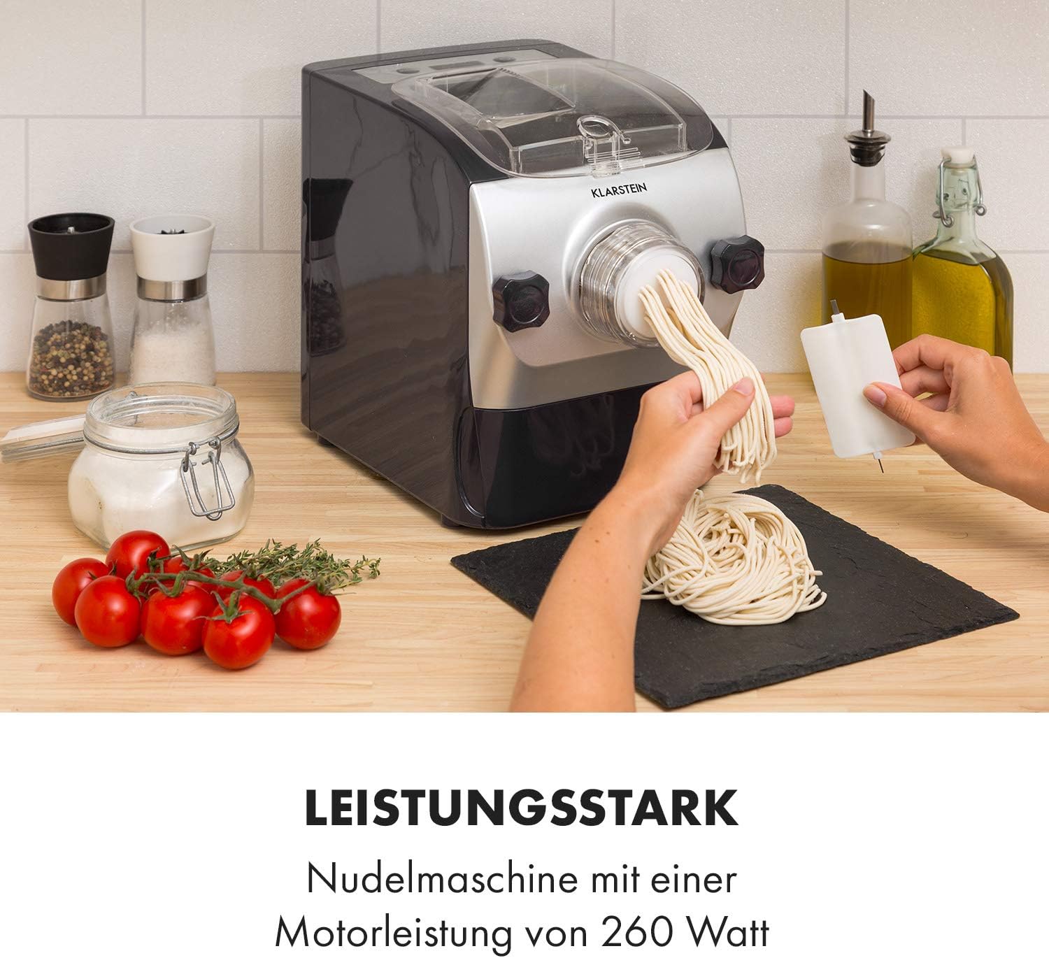 Klarstein Pastamania Elektrische Nudelmaschine – 260W Automatische Pastamaschine mit 7 Aufsätzen, 500g Kapazität, Leise 60dB, LED-Display, 3-Minuten Knetvorgang, Inkl. Teigausstecher und Ravioli-Form